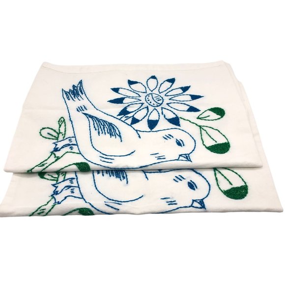 Handmade Other - Hand Embroidered Folk Art Pillow Cases Set 2 Birds Flowers Blue Green 24 Inch